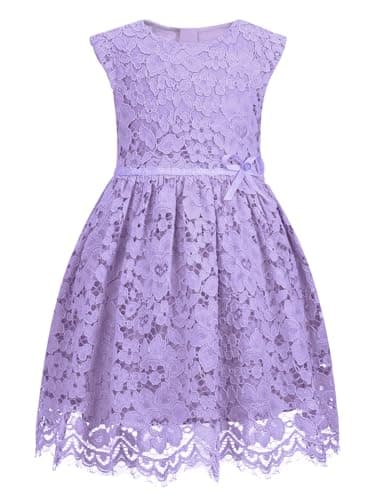 ALLOVIN Girls & Toddlers Sleeveless A-Line Lace Party Dress Birthday Wedding & Flower Girl Dress with Beaded Bowknot | Purple | 2T