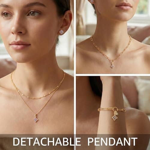 MTMY Layered Gold Necklace for Women, 14K Gold Plated Dainty Removable Purple Four Leaf Clover Pendant Necklace Lucky Jewelry Gift - Thumbnail 2