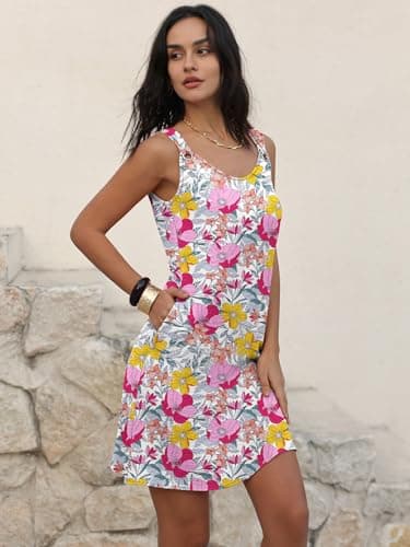 ANRABESS Womens Summer Dresses Sleeveless Beach Cover Ups Swimsuit Casual Sundress 2026 Boho Cruise Vacation Tank Short Dress Orange Pink Floral Large - Thumbnail 4
