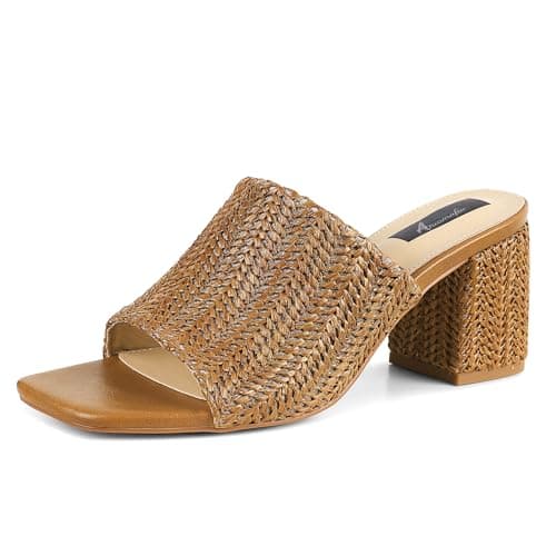 Ancomafio Women's Heeled Sandals Raffia Heels Square Open Toe Sandals Backless Mules Slip On Block Sandals Brown Size 6.5 - Image 1