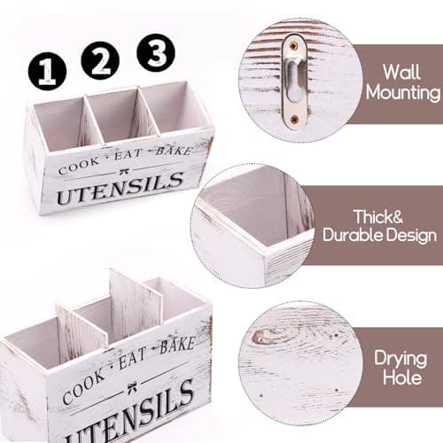 Kitchen Utensil Holder for Counter or Countertop, Extra Large Wood Organizer with 3 Compartments, Wooden Storage for Cooking and Silverware, Rustic Minimalist Decor, Sturdy Utensil Crock-White - Thumbnail 6