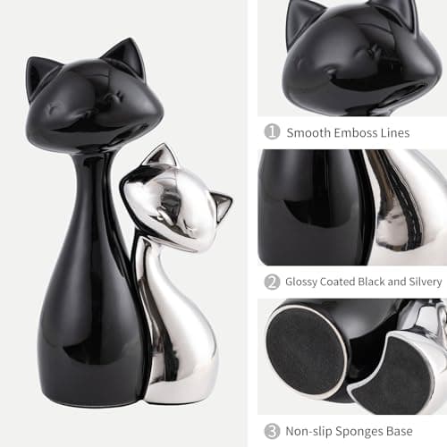 SURE YUESI Ceramic Cat Statue Set of 2, Black & Silver Cute Cat Figurines, Desk & Shelf Decor for Cat Lovers, Office Home Decor, Lucky Cat Memorial Gift for Women - Thumbnail 4