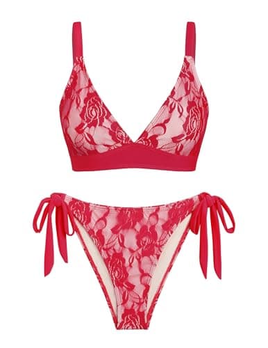 seamoly 2 Pieces Lace Bikini V-Neck Swimsuits for Women Tie Side Bikini Set Crimson Red S - Image 1