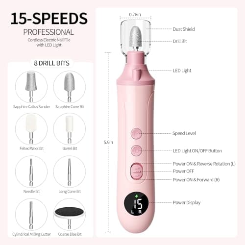 Electric Nail Drill Kit, Nail Filer Electric with LCD & Lamp, Rechargeable Pedicure Tools for Feet, Toenail Grinder for Thick Toenails, Cordless Nail Dremel Tools for Women & Men - Thumbnail 6