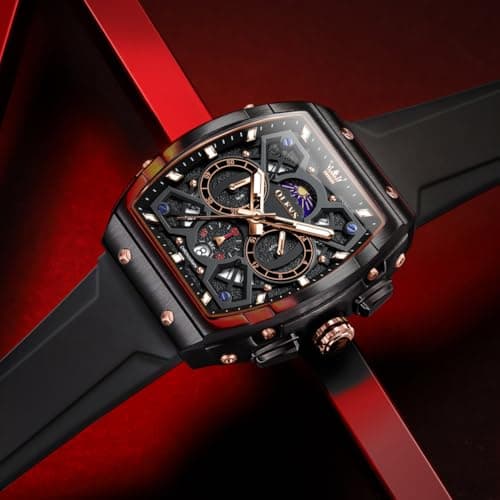 OLEVS Black Watches for Men Luxury Fashion Tonneau Square Large Face Skeleton Mens Watches Rubber Moon Phase Date Waterproof Multifunctional Chronograph Metal Men's Watch Reloj para Hombre - Thumbnail 3