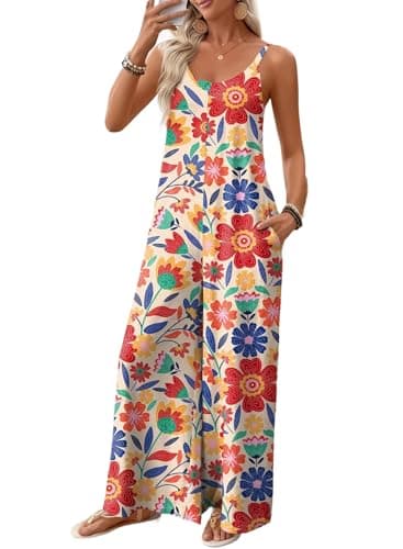 BLENCOT Women's Jumpsuit Sleeveless Adjustable Straps Loose Fit Overalls Boho Printed Wide Leg Long Pants Rompers Summer Outfits for Vacation Red S - Image 1