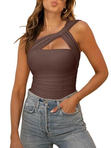REORIA Womens Sexy One Shoulder Asymmetrical Tank Top Leopard Print Mesh Ruched Sleeveless Backless Trendy Going Out Thong Bodysuits Tops Coffee Large - Image 1