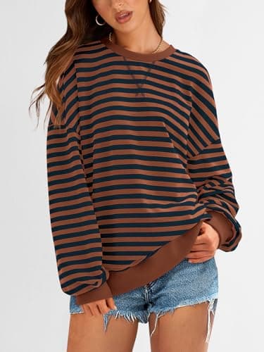 PRETTYGARDEN Women Striped Oversized Sweatshirt Color Block Crew Neck Long Sleeve Casual Pullover Top Spring Y2K Clothes (Brown Navy, Small) - Thumbnail 4