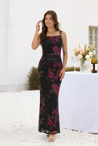 ZAFUL Pink Flower Dress Wedding Guest Dress for Women's Sexy Dress Formal Sleeveless Mesh Ruched Bodycon Maxi Party Long Dresses Sexy - Thumbnail 6