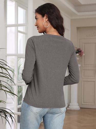 COCOMARTS Womens Long Sleeve Crewneck Knit Basic Tops Loose Casual Shirt 2025 Fall Winter Outdoor Thermal Undershirts Light Gray Medium - Thumbnail 4