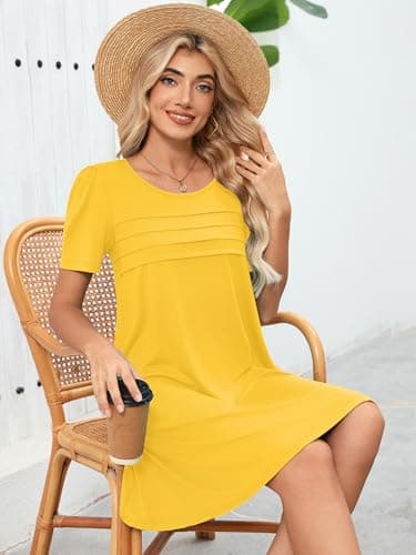 Heymoments Women's Short Sleeve Dress Yellow XX-Large Plus Size Crewneck Casual Flowy Above Knee Length Sundress Comfortable Shirt Work Summer Cheap Dresses with Pockets - Thumbnail 3