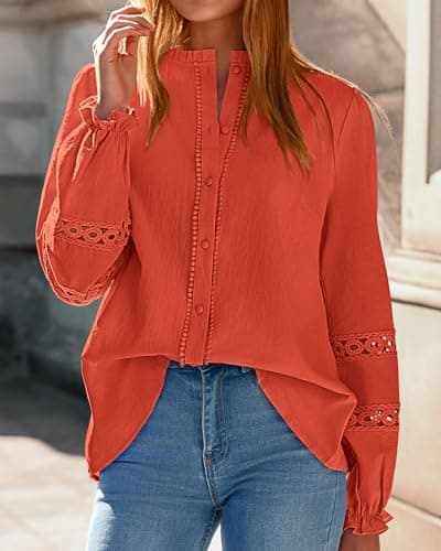 KIRUNDO Going Out Tops for Women 2026 Spring Fashion Boho Cotton Eyelet Long Sleeve Button Up Shirt Lace Dressy Casual Blouse(Orange, Large) - Thumbnail 4