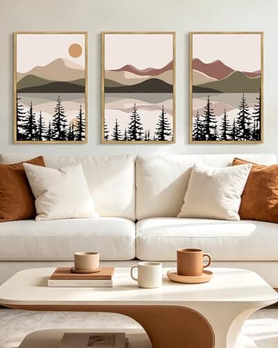 KUVIOKE Watercolor Mountain Landscape Framed Wall Art Laker Tree Boho Nature Artwork Painting Bohemain Farmhouse Rustic Home Decor 16x24in (Natural Framed) - Thumbnail 4
