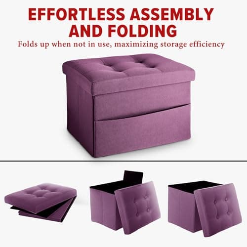 LINMAGCO Storage Ottoman Folding Foot Stool Foot Rest with Side Pocket Modern Ottoman with Storage Short Sofa Stool Linen Cloth 17x13x13(Purple) - Thumbnail 4