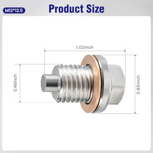 M12x1.25 Magnetic Oil Drain Plug – Strong Magnet Traps Metal Debris to Help Protect Your Engine, Leak-Free Stainless Steel Oil Pan Drain Plug with Extra Copper Washers - Thumbnail 2