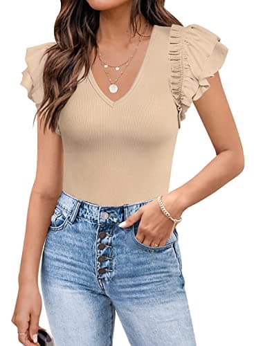 DOROSE Womens Tops V Neck Summer Top for Women 2025 T Shirts Champagne Medium - Image 1