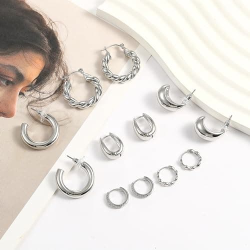 HILXURY 6 Pairs Gold Hoop Earrings for Women, 14K Gold Plated Chunky Huggie Hoop Earrings Set Hypoallergenic, Lightweight Twisted Open Hoops Jewelry for Christmas/Birthday Gifts. (Silver) - Thumbnail 4