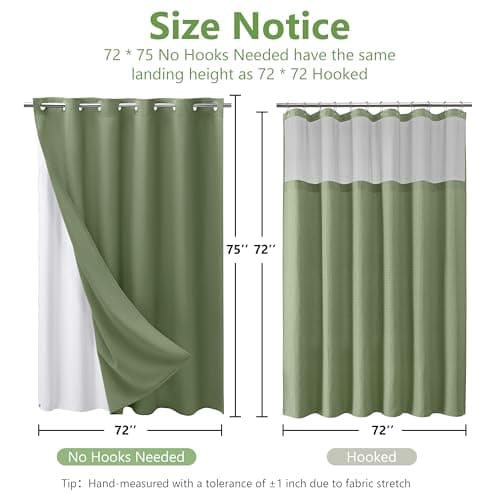 PILOTSHARK No Hook Waffle Weave Shower Curtain with Snap-in Fabric Liner,256GSM Heavy Duty Fabric Shower Curtain Set,Green Waterproof Washable Luxury Shower Curtain for Bathroom Stall (72x75 Inch) - Thumbnail 2