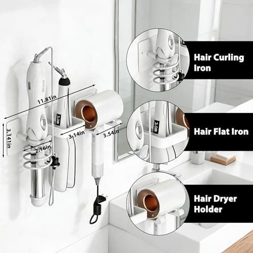 Dovyn Blow Dryer Holder Wall Mount, 3 in 1 Bathroom Hair Tool Organizer with Curling Iron Holder & Flat Iron Holder, Universal Hair Dryer Holder Rack Storage White - Thumbnail 5
