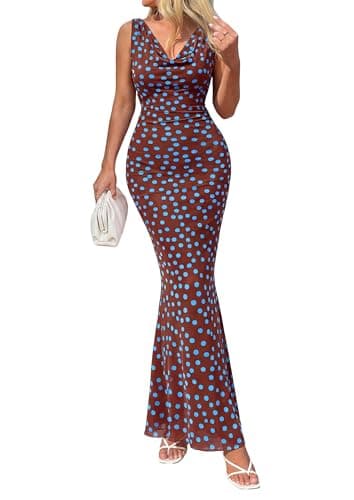PRETTYGARDEN Women's Floral Maxi Dress 2026 Cowl Neck Summer Vacation Outfits Sleeveless Mermaid Wedding Guest Long Dresses(Polka Dot Brown Blue,Medium) - Image 1