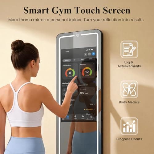 LumaVue Smart Fitness Mirror 32" Touchscreen Android Open System Workout Monitor with 63" Full Length HD Mirror, RGB LED Lights, Wall Mount & Free Standing, Ideal for Home Gym Yoga Exercise - Thumbnail 2