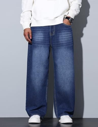 QGRSWBC Baggy Jeans Men Wide Leg Hip Hop Jean Casual Y2K Denim Pants Loose Fit Skater Long Trousers Dark Blue - Thumbnail 2