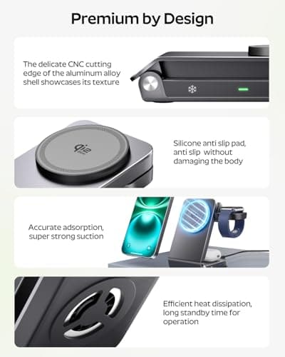 Doge&Vollar 25W Qi2.2 Fast Charging Magnetic Wireless Charger, 3-in-1 Foldable Charging Station with TEC Semiconductor Cooling & Quiet Fan, Aluminum Alloy Stand for iPhone/Apple Watch/AirPods - Thumbnail 4