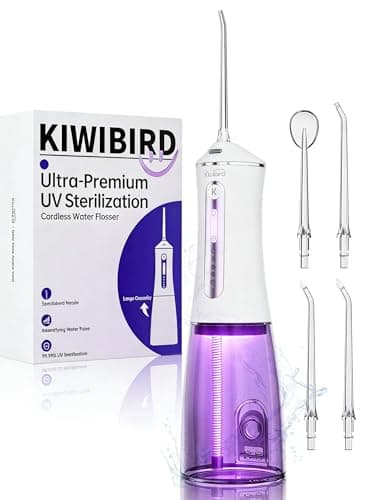 KIWIBIRD Water Dental Flosser Cordless with UVC Light, 3 Modes Portable Oral Irrigator, IPX7 Waterproof, 300ML Tank, Electric Teeth Cleaner for Tonsil Stones, Home & Travel Use (Black & White) - Image 1