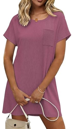Ekouaer Ladies Sleepwear Short Sleeve Casual Night Shirt Stretchy Viscose Sleep Dress with Pocket Loungewear Deep Pink - Image 1