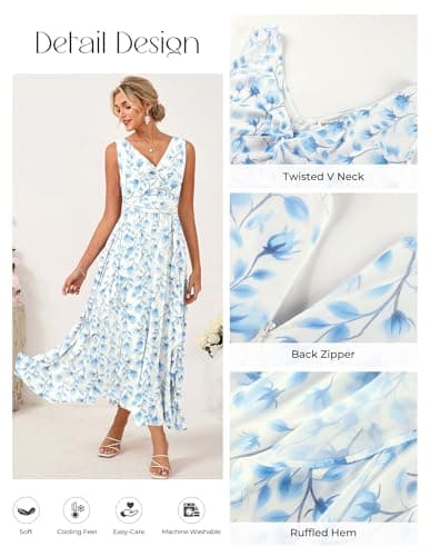 GRACE KARIN Women's Summer Sleeveless Maxi Dress V Neck Floral Wedding Guest Dress Beach Vacation Clothes White Blue M - Thumbnail 2