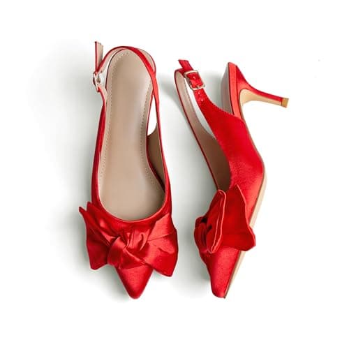 Red Heels Slingback Kitten Heels with Bows Stilettos 2 Inch High Heel Pumps Pointed Toe Pump with Bownot Dress Shoes Silk Satin Elegant Size 7 - Thumbnail 5