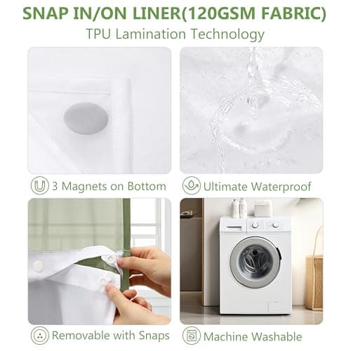 PILOTSHARK No Hook Waffle Weave Shower Curtain Set with Snap-in Fabric Liner and Mesh Top Window,256GSM Heavy Duty Fabric,Green Washable Luxury Shower Curtain for Bathroom Stalls (72x75 Inch) - Thumbnail 5