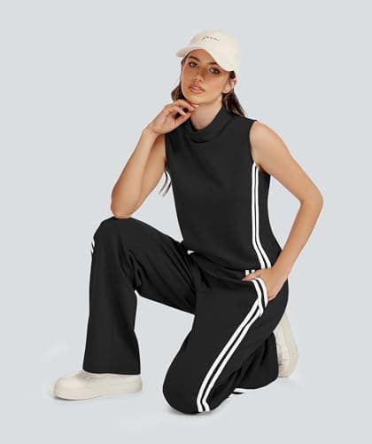 Casly Lamiit 2 Piece Lounge Set Women Travel Outfits Casual Tracksuit Jogging Sweat Activewear Mock Neck Sleeveless Top Long Pants Black S - Thumbnail 6