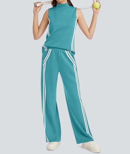 Casly Lamiit Lounge Sets for Women 2 Piece Casual Travel Outfits Matching Active Airport Sweatsuit Mock Neck Tops Wide Leg Track Pants Viridian Green XS - Thumbnail 2