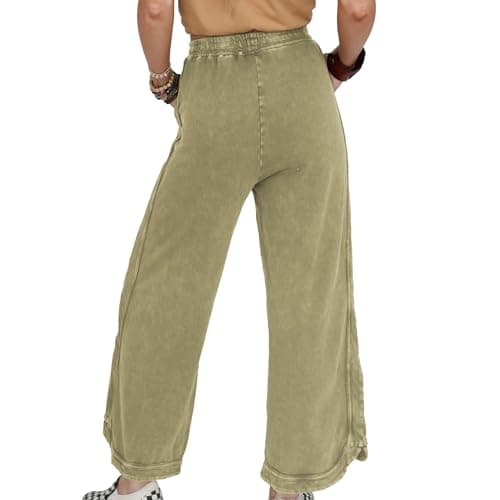 Ainangua Women's Palazzo Pants Acid Wash Capri Pants Drawstring Athletic Wide Leg Trousers Summer Lounge Home(Mustard-Green,M) - Thumbnail 2