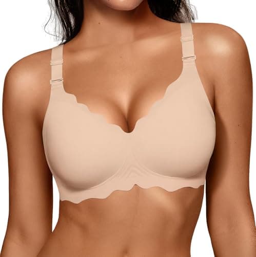 OEAK Womens Seamless Scalloped Bras No Underwire Push Up Full Coverage Bra Comfortable Soft Convertible Everyday Tshirt Bra Nude,S
