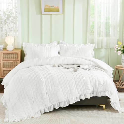 WONGS BEDDING White Queen Comforter Set,Boho Ruffle Comforter for Queen Bed,Soft Seersucker Shabby Chic Bedding Set with 1 Comforter,2 Tufted Pillowcases 90"×90" - Image 1