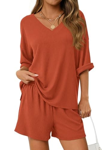 PRETTYGARDEN Womens 2 Piece Sets 2026 Oversized Vneck Half Sleeve Tops Shorts Lounge Set Casual Summer Travel Beach Outfits (Burnt Orange,Small) - Image 1
