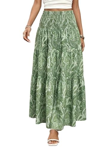 ZAFUL Women’s Summer Boho Maxi Skirts Bohemian Print Smocked High Wasited Flowy TieGreen Ruffle Long Beach Skirt Green M - Image 1
