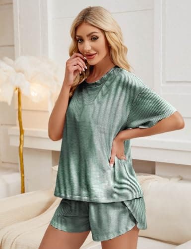 JUSTFASHIONNOW Womens Pajama Sets Shorts Striped Print Two Piece Lounge Sets Crew Neck Sleepwear Soft Pjs Split Shorts Set Summer Cute Pajama Sets for Women Green S - Thumbnail 3