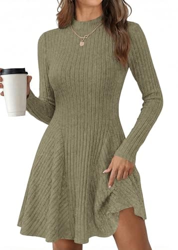 KIRUNDO Sweater Dress for Women 2026 Spring Fall Long Sleeve Mock Turtleneck A Line Fit and Flare Ribbed Knit Short Dresses(Army Green, Large) - Image 1