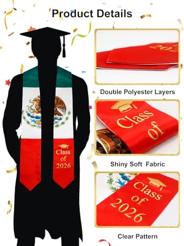 GraduatePro Mexican Flag Graduation Stole 2026 – 72" Adult Unisex Graduation Sash for High School College Graduate, Class of 2026 Gifts for Him Her, Patriotic Regalia Stole - Thumbnail 5