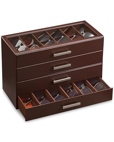 ProCase 12 Slots Sunglasses Organizer, 2-Layer Eyeglass Holder with Clear Glass Lid, PU Leather Glasses Storage Display Case for Men Women -Espresso - Image 1