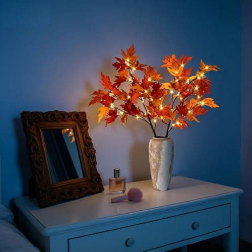 HipTree Lighted Fall Maple Branches 32IN 32LED Warm White, 2 Packs Artificial Twigs with Orange Leaves, Dual Power (Battery & USB) with Timer for Thanksgiving Autumn Harvest Home Fireplace Vase Decor