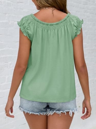 Beloyoni Womens Babydoll Tops Summer Tie Front Cap Sleeve Tank Top Dressy Casual Loose Fit Peplum Blouses Cute Flowy Shirts Light Green M - Thumbnail 3