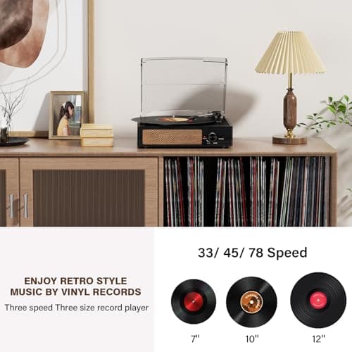 Record Player for Vinyl with 2 Build-in Speakers LP Vinyl Players Belt-Driven Vintage Turntables 3 Speed 3 Size, Wireless Bluetooth Playback, AUX-in, RCA Out, Headphone, Auto Stop Black Wood - Thumbnail 4