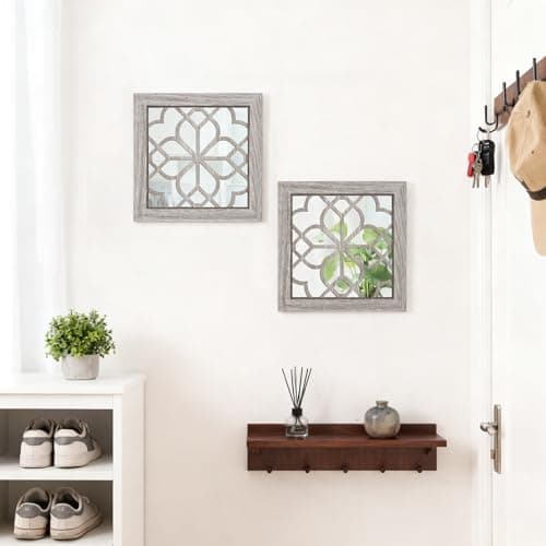 HMANGE Boho Wall Mirror Decor, Set of 2 Rustic Farmhouse Accent Mirror 12x12 Inch, Square Shatterproof Vintage Style Mirrors for Wall, Small Decorative Mirrors for Living Room, Bedroom(Brown) - Thumbnail 3