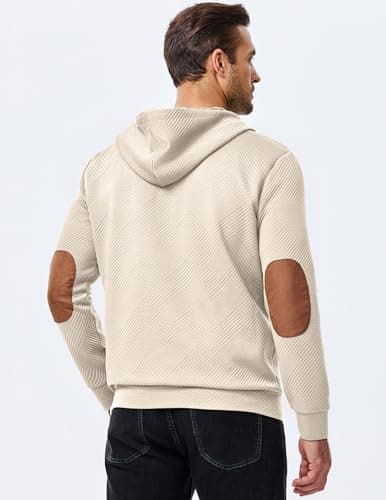 JMIERR Mens Early Fall Fashion Hoodies Casual Cotton Hooded Collar Drawstring Textured Long Sleeve Half Button Pullover Sweatshirts, XL, Beige - Thumbnail 4