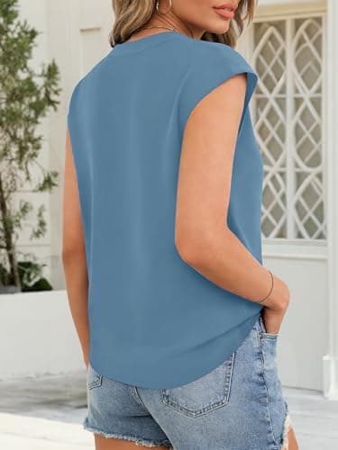 Funlingo Womens Summer Tops Dressy V Neck Cap Sleeve Tunic Shirts 2026 Business Casual Loose Flowy Blouses for Office Work Grey Blue L - Thumbnail 4