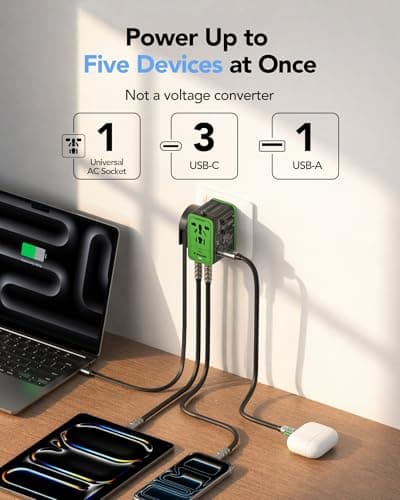 Mfish 75W Universal Travel Adapter with Retractable USB-C Cable, 3 USB-C & 1 USB-A, 1 AC Outlet, International Wall Charger for MacBook, iPhone, iPad, EU/UK/US/AUS, Type A/I/G/C, Black - Thumbnail 2